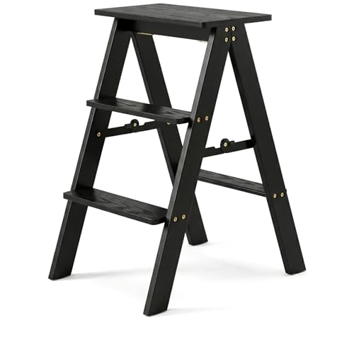CliffofLove Folding Wooden Step Stool 3 Steps Solid Wood Ladder with 300 lbs Capacity Reinforced Ladder Footstool for Kitchen/Study/Living Room (Black)