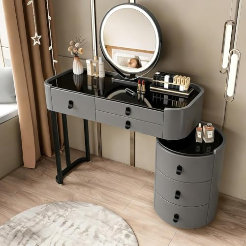 MJKCBD Schminktisch mit Spiegel, Klassiker Grau Frisiertisch mit Hochglänzende Platte aus Gehärtetem Glas, 6 Schubladen und Seitenschrank, 100cm Kosmetiktisch für das Schlafzimmer, PU-Lederoptik