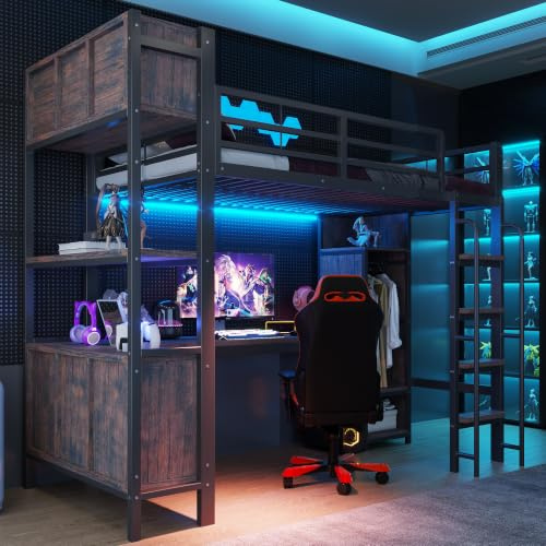 Easexcy Cama alta con escritorio, armario, estantes de almacenamiento, iluminación LED, enchufes altos de seguridad, estilo gaming, color negro (90 x 200 cm)