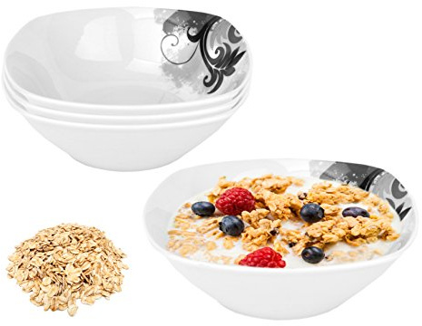 HDmirrorR Van Well 4er Set Müslischale, Suppenschale, kleine Schale 14,2cm weiß - Verschiedene Dekore wählbar, Dekor:Black Flower