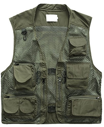 Phorecys Mens Outdoor Casual Hollow Out Thin Multi-pockets Stand Collor Hooded Outerwear Camping Hunting Fishing Photography Vests Gilet Green UK 2XL-Label 3XL