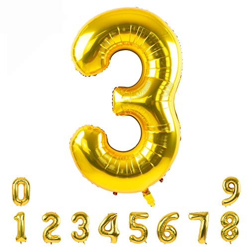 TONIFUL 40 Zoll Nummer Folienballon 0 to 9 in Goldfarbene Helium Zahlenballon Riesenzahl Luftballon Nummer 3 Heliumballons für Geburtstag, Hochzeit, Jubiläum Party Dekoration(Zahl 3)
