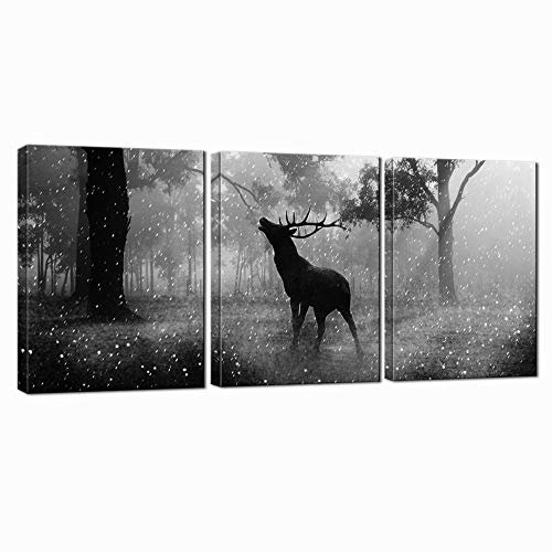 Nachic Wall – 3-teiliges Tierbild Schwarz und Weiß Hirsch im Wald Malerei Wandkunst Elch Kunst mit Holzrahmen für Zuhause Wohnzimmer Deko Weihnachten Wanddekoration
