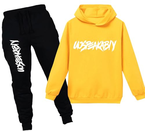 amropi Ragazzi 2 Pezzi Abbigliamento Set Tuta Felpa con Cappuccio e Jogging Pantaloni (Giallo,10-11 Anni)