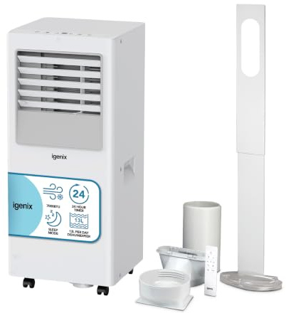 Igenix IGAC01007W 3-in-1 Portable Air Conditioner | Cooling, Fan & Dehumidifier, 7000 BTU, 24 Hour Timer, 2-Speed, Remote Control & Window Venting Kit Included