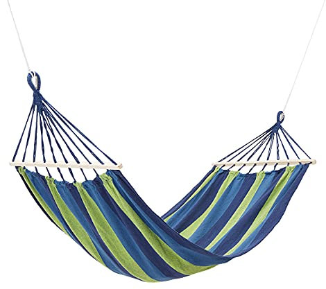 Nils Hängematte Hängeliege mit Holzstäben und Metallgriffen Material enthält Baumwolle Camping Garten Terrasse (Blau)