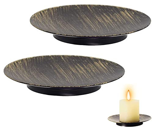 Iron Plate Candle Holder,2Pack Decor Iron Pillar Candle Holders Plate Tray Retro Candlestick Holders LED Wax Candles Stand for Wedding Incense Cones Spa Pray Home Party Decoration (Black-Gold)