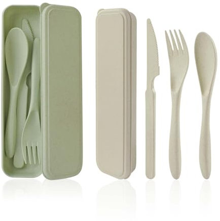 2 juego de cubiertos camping portátil con estuche, cubiertos plastico reutilizables, juego de cucharas cuchillos y tenedores cubiertos para llevar al trabajo, viaje, picnic, escuela (azul+beige)