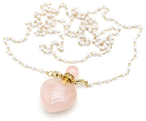 1pcs Natural Rose Quartz Stone Perfume Bottle Pendant Pearl Bead Chain Rectangle Heart Necklace for Women Jewelry Free Accessory Glasses, Stone, stone