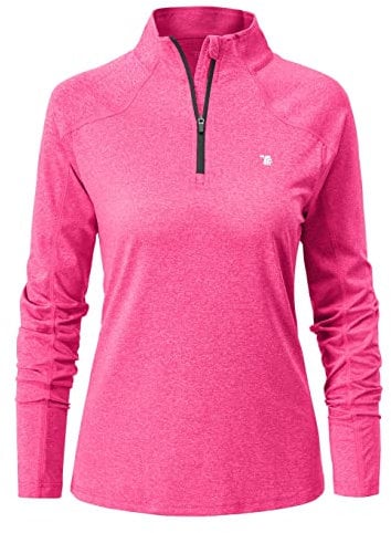 YSENTO Women's Long Sleeve Running Sports Tops Lightweight Gym Walking Zip Up Golf Polo T-Shirt(Rose Red,XXL)