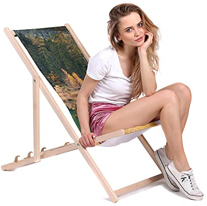 DreamRoots Liegestuhl klappbar Buchenholz, Traper House | Klappliegestuhl Holz, Buchenholz, bis 130 kg, 3-fach verstellbar, waschbarer Polyesterbezug, für Garten & Terrasse