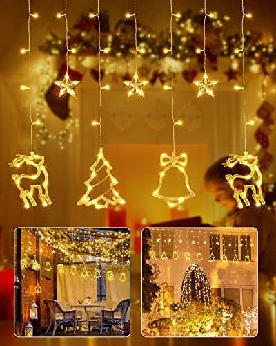 iShabao Lichterkette Sterne 138 LED Weihnachtsbeleuchtung Fenster, 2.4x1M Lichtervorhang Weihnachten mit Elch Glocke Weihnachtsbaum, Innen mit Timer für Weihnachtsdeko (Warmweiß)