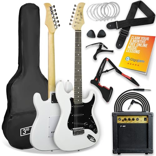 3rd Avenue XF Full Size 4/4 Electric Guitar Ultimate Kit with 10W Amp, Cable, Stand, Gig Bag, Strap, Spare Strings, Picks, Capo – White