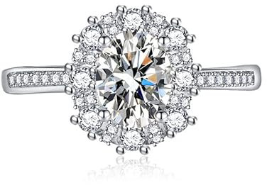 Mesnt Verlobungsringe, Versilberte Half Eternity Band mit ovalem Zirkonia Weiß Hochzeit Ringe für Frauen Verstellbar
