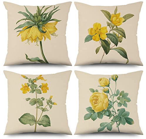 ASDCXZ Blume Kissenbezug 40x40 cm 4er Set, Frisch Gelb Blume Beige Sofa Kissen Dekokissen Kissenbezüge Kissenhülle Waschbar Polyester Flachs Textil Outdoor Polster Kopfkissenbezug Kissen Bezug