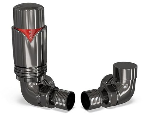 UK Radiators Black Nickel Thermostatic Radiator Valve and Corner Lockshield Valve - Polished Black Nickel Finish - Classy and Modern Design 1/2 x 15mm Corner Radiator Valve