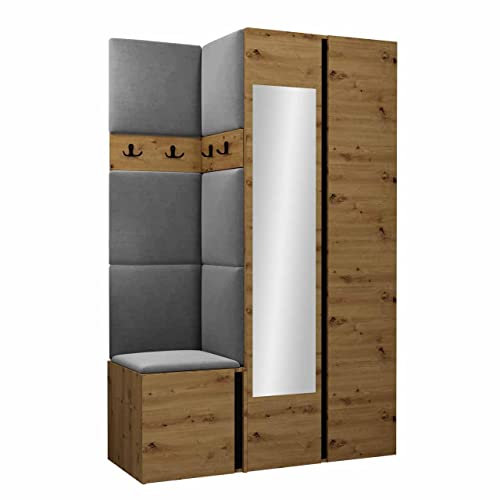 Mirjan24 Garderoben-Set Monati XXVI, Kleiderschrank mit Spiegel, Schuhschrank, 4 Doppelhaken, Kleiderhakenbrett, Gepolstertes Paneel/Wandpaneel, Flurgarderobe (Eiche Artisan/Schwarz, Manila 16)