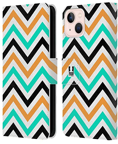 Head Case Designs Blaugrün Und Orange Neon Zigzag Leder-Wallet-Hülle Kompatibel mit Apple iPhone 13