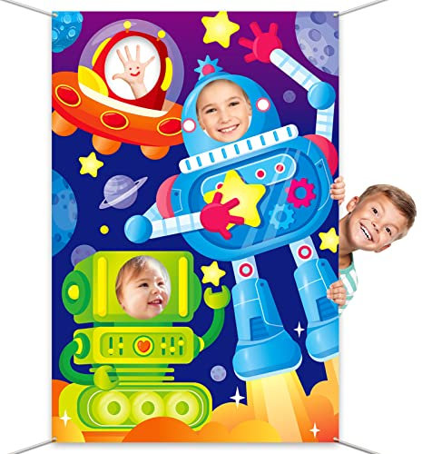 DPKOW Roboter Foto Requisiten für Kinder, Lustiges Gesicht im Loch Fotobanner Roboter Weltraum Tür Banner für Kinder Roboter Geburtstagsfeier Dekorationen, Groß Stoff Roboter Hintergrund Dekoration
