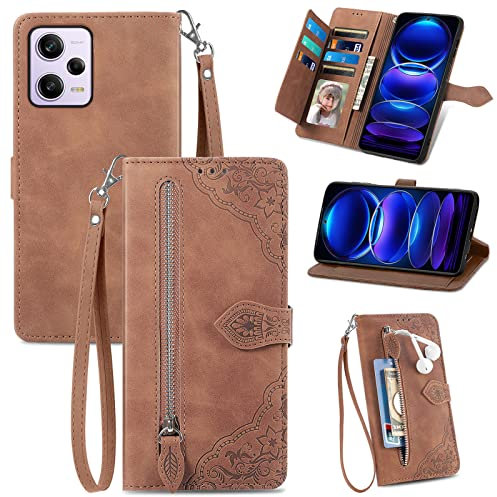 MOJIA Funda Cartera para Xiaomi Redmi Note 12 Pro+ Plus 5G, Carcasa de Teléfono con Tapa a Prueba de Golpes y Anticaída de PU con Muñequera. Marrón