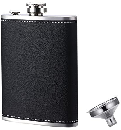 TONAUP Edelstahl Flachmann, 227ml/8oz Geschenk Flachmann mit Trichter Leder Edelstahl Taschen-Flachmann für Whiskey, Rum, Wodka, Geeignet für Wandern und Party, Schwarz