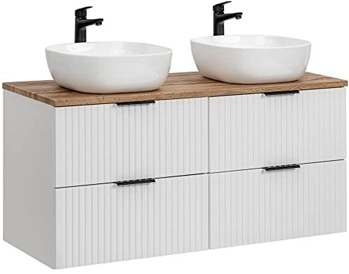 Lomadox Badmöbel Waschtisch Set, 120cm Unterschrank weiß matt gerillt, Wotaneiche, 2 Keramik-Waschbecken, 4 Softclose-Schubkästen, B/H/T 120,6/74,2/46,5 cm