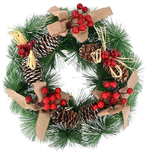 Weihnachtskranz 30cm Weihnachtskranz Tannenkranz Türkranz Beerenkranz mit roten Stechpalmenbeeren und Schleife, Türkranz Weihnachten für Zuhause, Tür, Tisch, Fenster oder Wanddekoration