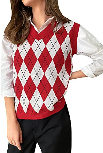 Fashionme Trendy High-Density-Stretch Argyle Plaid/Skelett Strickpullover Weste Y2K Hahnentritt ärmellos Retro, rot / weiß, Groß