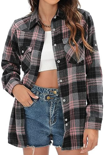 siliteelon Damen Kariertes Bluse Rosa Schwarz Kariertes Baumwolle Freizeithemd Regular Fit Flanellhemden,M