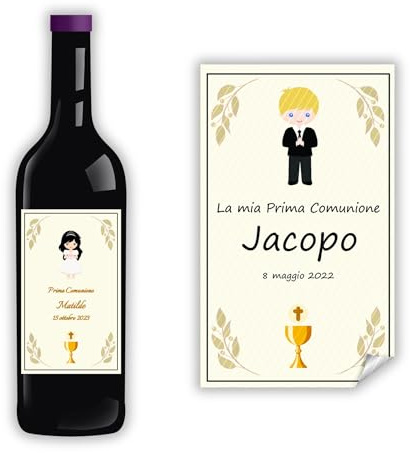 1 pezzo Adesivi Prima Comunione Cresima per bomboniere, 50x82mm, bottiglia vino, olio, barattoli miele, succhi frutta, etichette (BOT-COM-BIMBI)