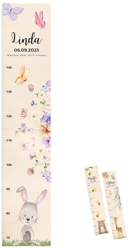 wunderwunsch® - Personalisierte Messlatte Kind Holz zum Kleben oder Aufhängen - Skala 70-140cm - Süße Dekoration für Baby- & Kleinkinderzimmer (Hase)