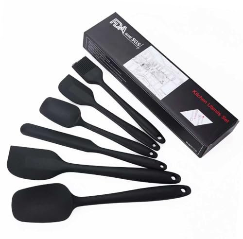 BURNING BIRD Premium Silikon-Küchenhelfer Set: 6-teiliges Kochgeschirr, hitzebeständig, leicht zu reinigen, Antihaft-Effekt. Inklusive vielseitiger Spachtel. Schwarz, 6 Stück