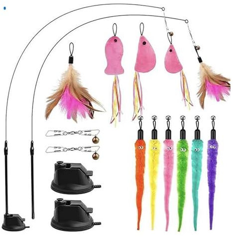 Jouet pour Chat Intérieur Amovible - Kit de 11 Pièces avec Ventouse, Plumes et Plus - Ensemble de Jeux Interactifs pour Chatons avec Jouets Variés