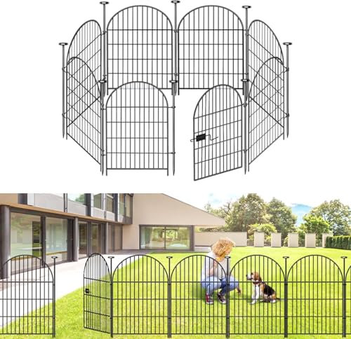 ADAVIN Garden Fence Animal Barrier with Gate 36 in(H)×17.5 Ft(L) 8 Panels,Rustproof Metal Wire Tall Fencing Border for Dogs Rabbits,Outdoor no dig pet Fences, Arched Black Flower Edging for Yard