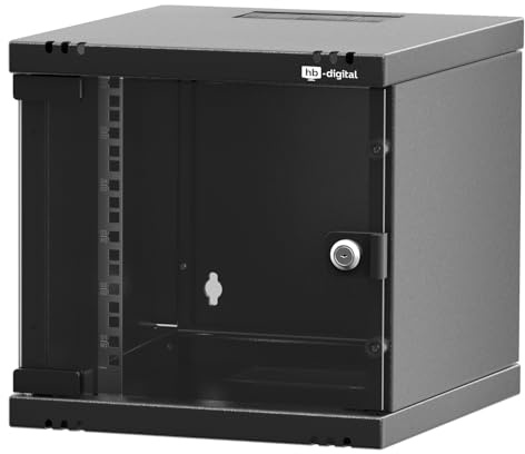 hb-digital Netzwerkschrank 10 Zoll 6HE Wandmontage mit Glastür - Sichttür Schloss Wandgehäuse für EDV Router Patchpanel - Traglast 30kg robust - Tiefe 300mm abschließbar mit Lüftung Unmontiert Schwarz