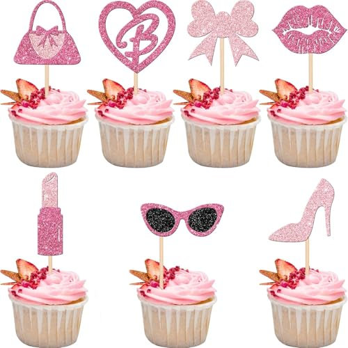 24 PCS Princess Cupcake Toppers Pink Girl Cupcake Toppers Picks Handbag Glasses Bow Lipstick Tie High Heel Cake Decorations for Wedding Bridal Shower Baby Shower Birthday Party Supplies