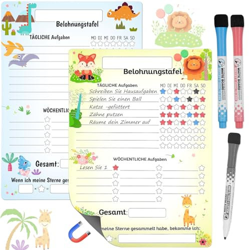 SHOWHEEL 2 Stück Belohnungstafel Kinder,A4 Magnetisch Wochenplaner Kinder,Motiviert Kinder spielerisch,Belohnungstafel Kinder für Kühlschrank,Belohnungssystem für Mädchen/Jungen,mit 3 Stifte