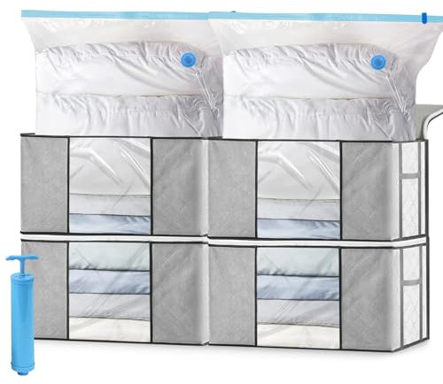 Leavans 4 Stück 90L Aufbewahrungstasche,4 Vakuumbeutel,1 Handpumpe,Aufbewahrungsbox mit Deckel,mit Verstärkt Griff Umzugskartons mit Fenster Faltbare Aufbewahrung Boxen,für Bettdecken Kleidung Decke