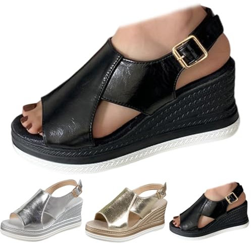 Conquerory Sandali Ortopedici Rosa, Comode Scarpe Ortopediche Con Supporto Dell'arco Per Donna, Sandali Con Piattaforma Zeppa E Fibbie Alla Caviglia, Nero , 39 EU