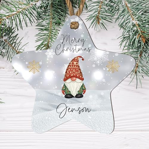 Personalised Merry Christmas Gnome Star Bauble - Custom Name Keepsake Ornament - Unique Christmas Tree Decoration for Kids and Adults (Grey, Mdf Wood Indoor Use Only)