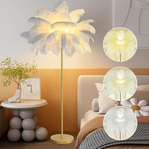 IEDZBEQ Lampe Plume Lampadaire en Plumes D'Autruche Lampadaire Salon 3 Couleurs À Intensité Variable,éClairage Domestique Lampe De Chevet Lampadaire Chambre pour Chambre À Coucher/Salle À Manger