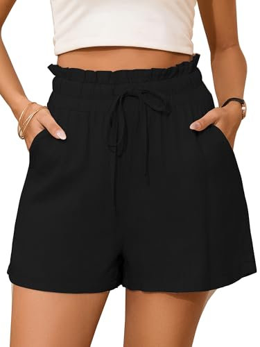 StylSense Ladies Shorts Womens Summer Cotton Linen Shorts for Women UK Elastic High Waist with Pockets Black