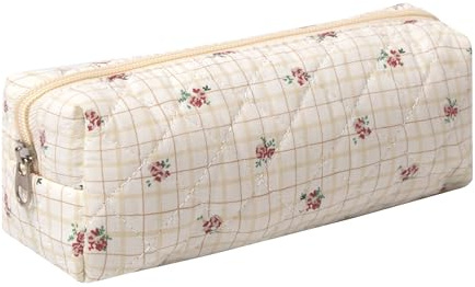 Pencil Case Office College School Storage Bag Pouch Holder Box Organizer Makeup Pouch Cosmetic Bag Aesthetic Cute Pen Case for Girls Boys Kids (Checkered flower)