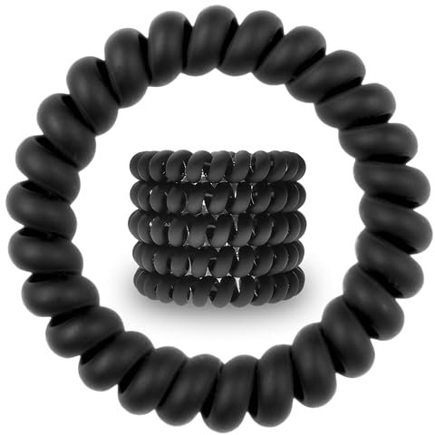 Specora Spiral Haargummi Schwarz Matt 5er Pack - 5 cm - Telefonkabel Zopfgummi - Ohne Ziepen & Verheddern - Elastisch, ohne Abdruck, haarschonend