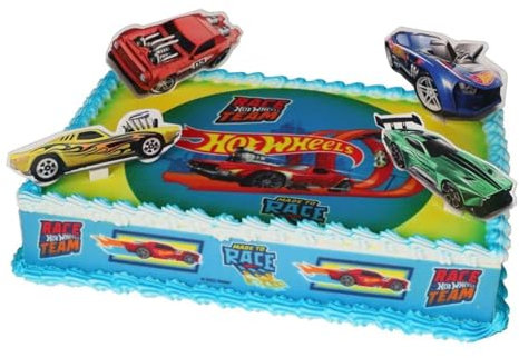 Cake Company individuelle Motivtorte erstellt mit Hot Wheels | Torte Dekoration Set mit Zuckeraufleger, Tortenbändern & 4 Auto-Pickern | Perfekt für Kindergeburtstage & Rennwagen-Motto-Partys