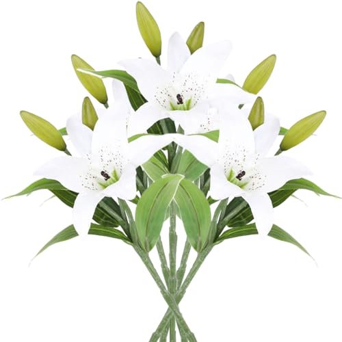 Odoukey Fleurs artificielles, lys artificiels 5pcs 14, 6 Fleurs de lys réalistes avec Une Tige Courte et des Feuilles à Faible Entretien en Tissu caoutchouté Lily pour la décoration, Blanc
