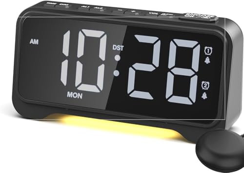 Mesqool Alarm Clock with Bed Shaker for Deaf & Heavy Sleepers - Loud Vibrating Alarm, White LED Display, 5 Brightness & Volume Levels, Dual Alarms, USB Powered, Snooze, 12/24H, DST, Bedside Clock