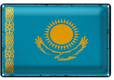Vintage Blechschild | Flagge von Kasachstan | Dekoration für Zuhause | 40 cm x 30 cm