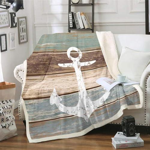 Loussiesd Anker Decke 150x200cm Nautisches Thema Wohndecke Vintage Timeworn Verwitterte Holzbretter Rustikales Kuscheldecke Gewicht Flanell Fleecedecke Weich, Braun