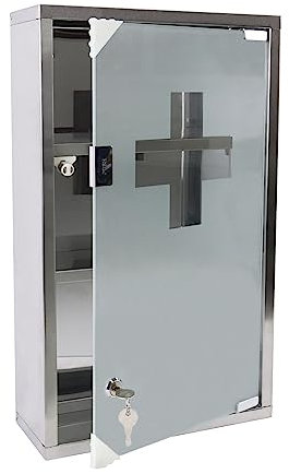 FIVMEN Medizinschrank Edelstahl 3 Fächer Medikamenten Aufbewahrung Apothekerschrank Hängend mit Glas Tür and 2 Schlüssel Abschließbar Medikamentenschrank Arzneischrank, 30x50 cm